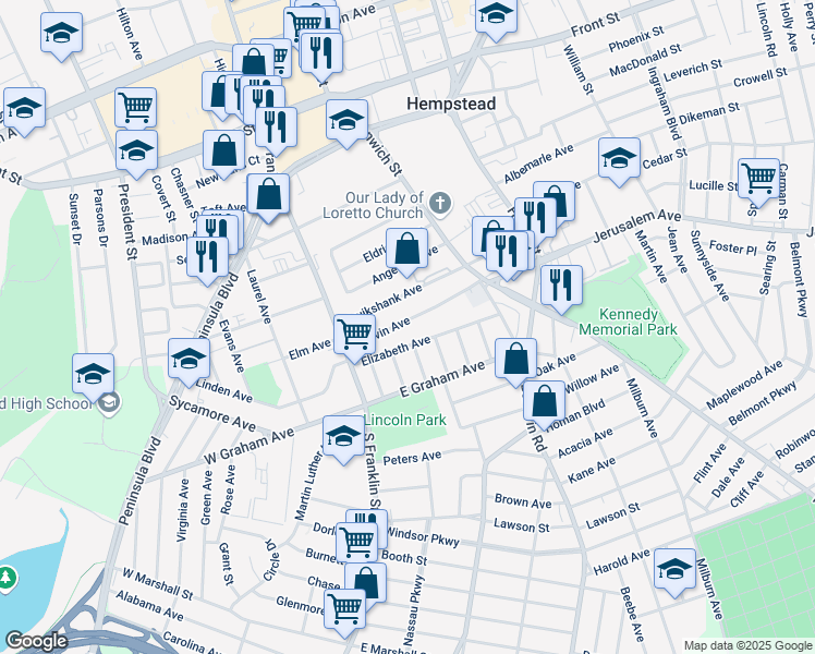map of restaurants, bars, coffee shops, grocery stores, and more near 86 Marvin Avenue in Hempstead