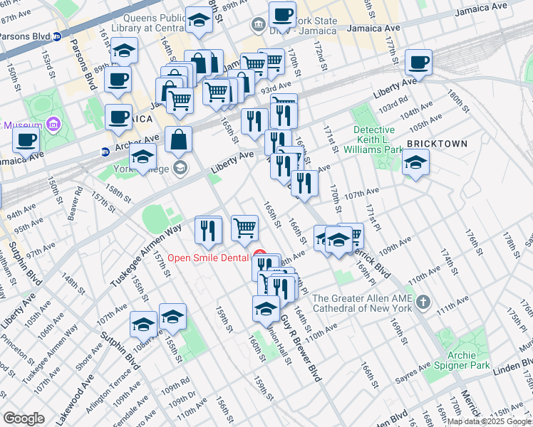 map of restaurants, bars, coffee shops, grocery stores, and more near 104-33 164th Place in Queens
