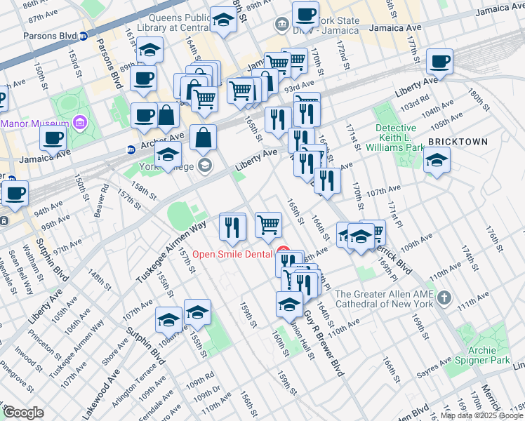 map of restaurants, bars, coffee shops, grocery stores, and more near 10430 Rev James R Moore Place in Queens