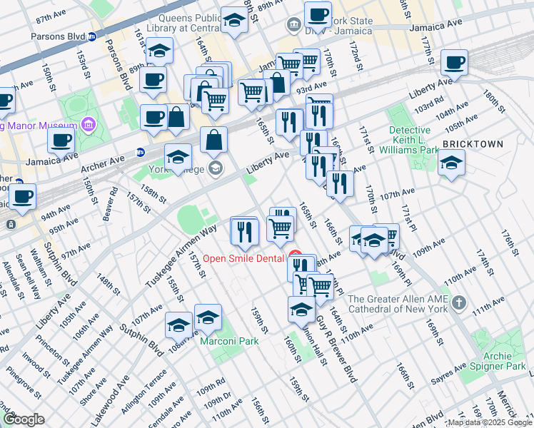 map of restaurants, bars, coffee shops, grocery stores, and more near 10430 Rev James R Moore Place in Queens