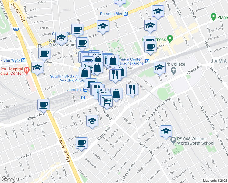 map of restaurants, bars, coffee shops, grocery stores, and more near 148-13 95th Ave in Queens