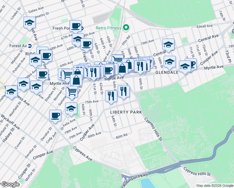 map of restaurants, bars, coffee shops, grocery stores, and more near 74-28 64th Place in Queens