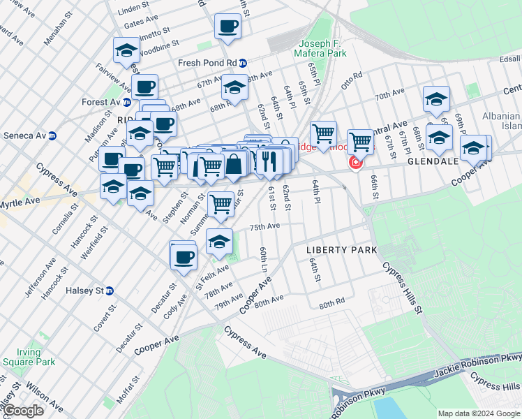 map of restaurants, bars, coffee shops, grocery stores, and more near 72-44 61st Street in Queens