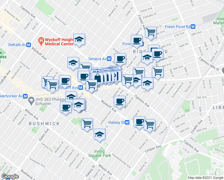 map of restaurants, bars, coffee shops, grocery stores, and more near 16-47 Putnam Avenue in Queens