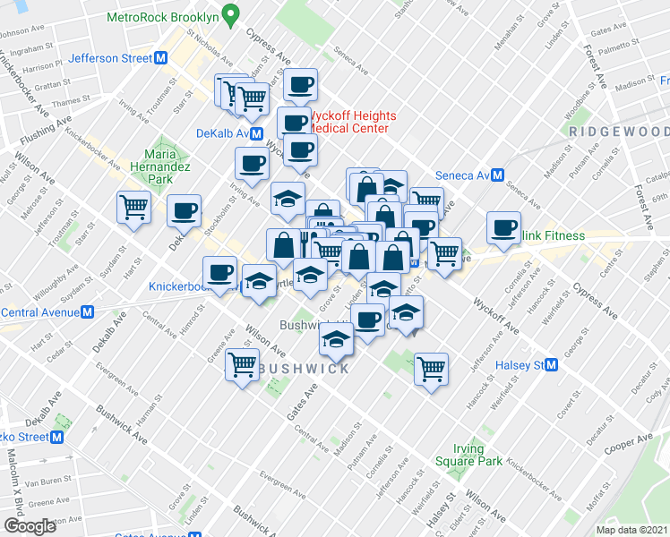 map of restaurants, bars, coffee shops, grocery stores, and more near in Brooklyn