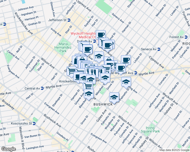 map of restaurants, bars, coffee shops, grocery stores, and more near 1333 Greene Avenue in Brooklyn