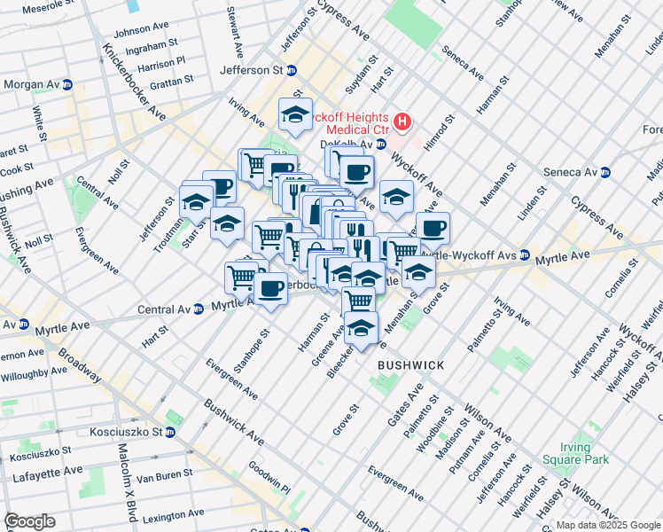 map of restaurants, bars, coffee shops, grocery stores, and more near 180 Stanhope Street in Brooklyn