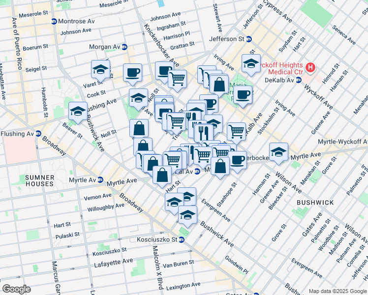 map of restaurants, bars, coffee shops, grocery stores, and more near 128 Troutman Street in Brooklyn