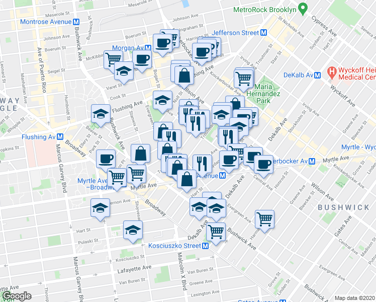 map of restaurants, bars, coffee shops, grocery stores, and more near 120 Jefferson Street in Brooklyn