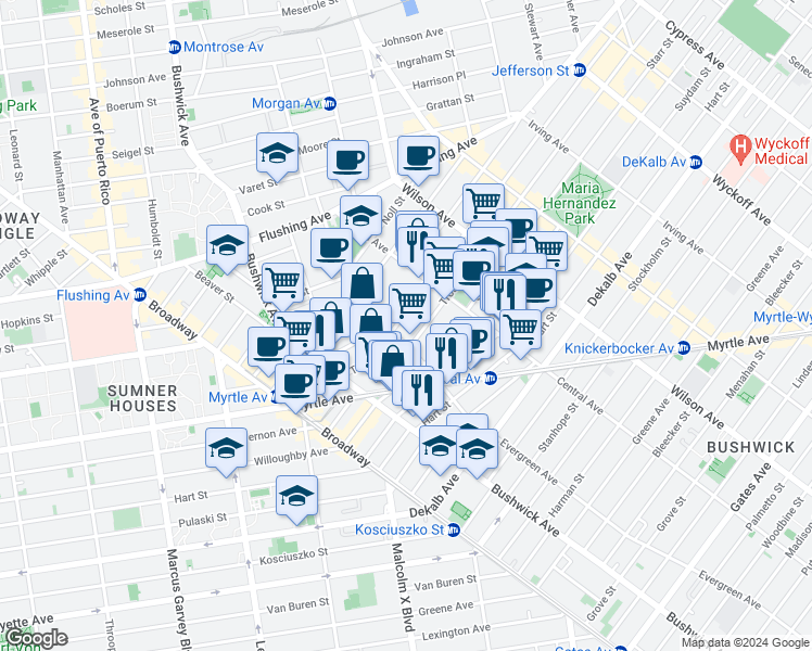 map of restaurants, bars, coffee shops, grocery stores, and more near 120 Jefferson Street in Brooklyn