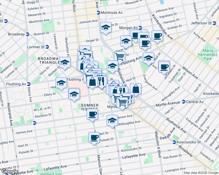 map of restaurants, bars, coffee shops, grocery stores, and more near 24 Park Street in Brooklyn