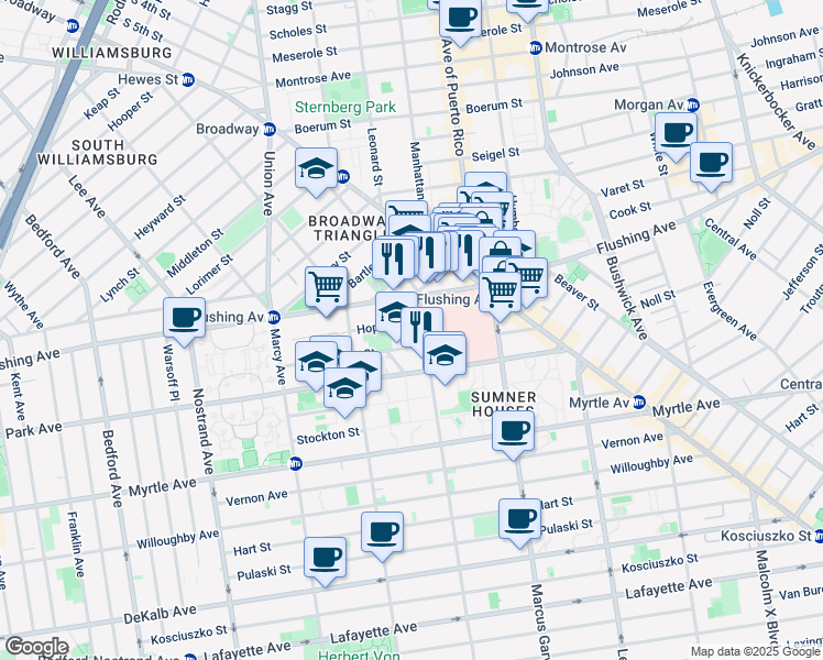 map of restaurants, bars, coffee shops, grocery stores, and more near 157 Throop Avenue in Brooklyn