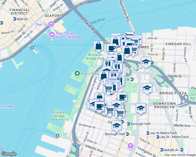 map of restaurants, bars, coffee shops, grocery stores, and more near 12 Orange Street in Brooklyn