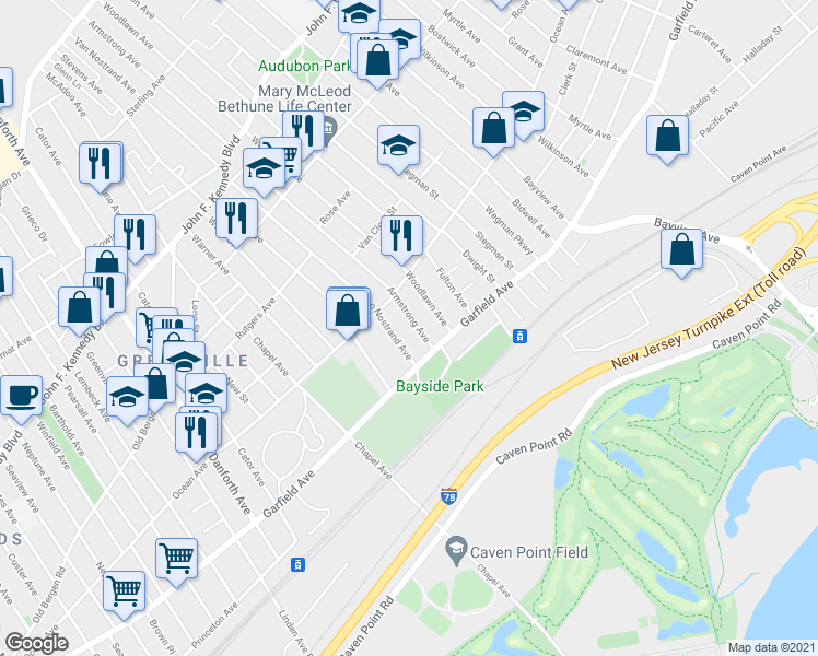 map of restaurants, bars, coffee shops, grocery stores, and more near 42-46 Van Nostrand Avenue in Jersey City