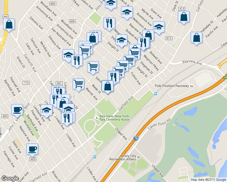 map of restaurants, bars, coffee shops, grocery stores, and more near 369 Ocean Avenue in Jersey City