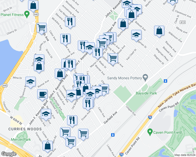 map of restaurants, bars, coffee shops, grocery stores, and more near 61A Rutgers Avenue in Jersey City