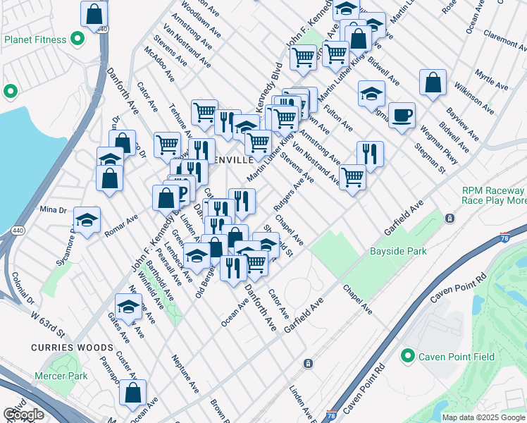 map of restaurants, bars, coffee shops, grocery stores, and more near 61A Rutgers Avenue in Jersey City