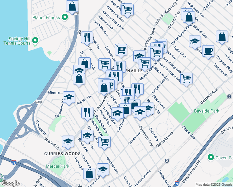 map of restaurants, bars, coffee shops, grocery stores, and more near 235 Danforth Avenue in Jersey City