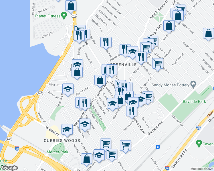 map of restaurants, bars, coffee shops, grocery stores, and more near 1707 John F. Kennedy Boulevard in North Bergen