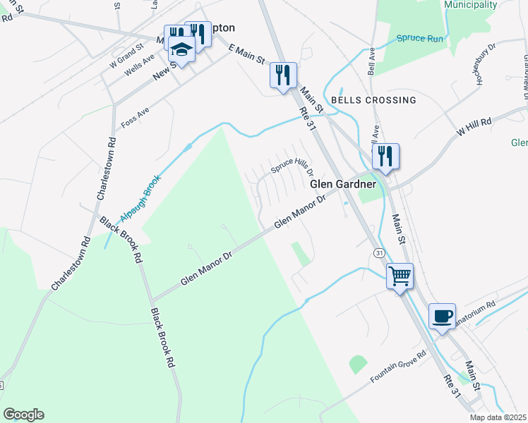 map of restaurants, bars, coffee shops, grocery stores, and more near 2109 Spruce Hills Drive in Glen Gardner