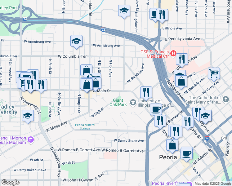 map of restaurants, bars, coffee shops, grocery stores, and more near 401 West High Street in Peoria