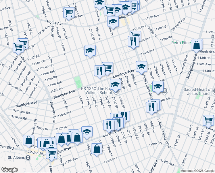 map of restaurants, bars, coffee shops, grocery stores, and more near 114-26 201st Street in Queens