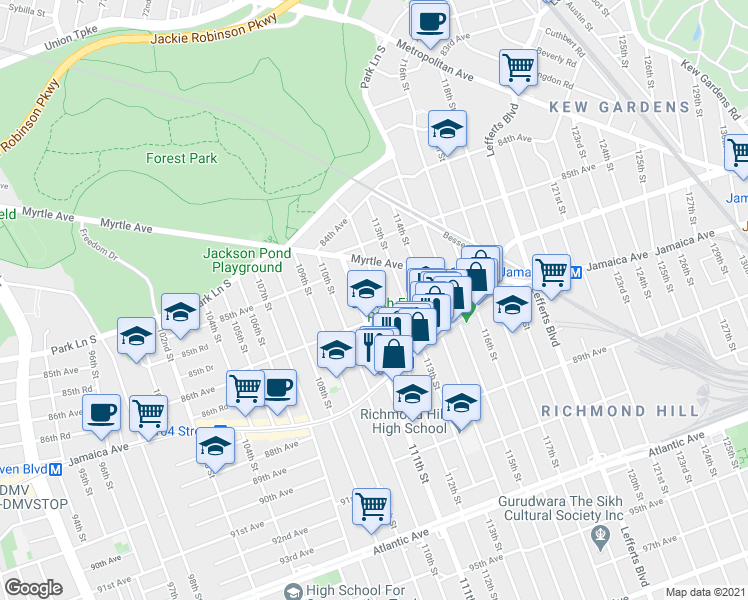 map of restaurants, bars, coffee shops, grocery stores, and more near 85-64 112th Street in Queens