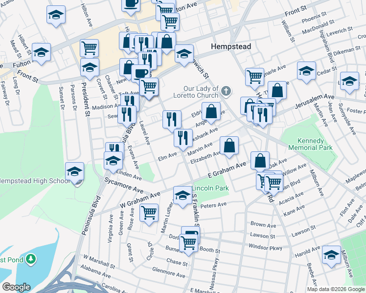 map of restaurants, bars, coffee shops, grocery stores, and more near 196 South Franklin Street in Hempstead