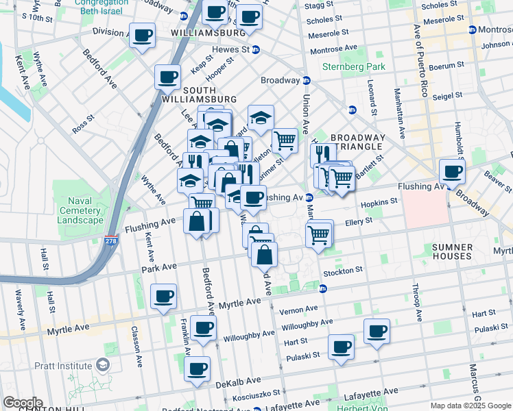 map of restaurants, bars, coffee shops, grocery stores, and more near Flushing Avenue & Lee Avenue in Brooklyn
