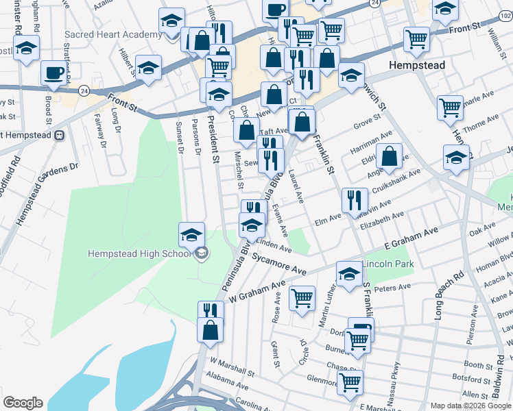 map of restaurants, bars, coffee shops, grocery stores, and more near 528 West Peninsula Boulevard in Hempstead