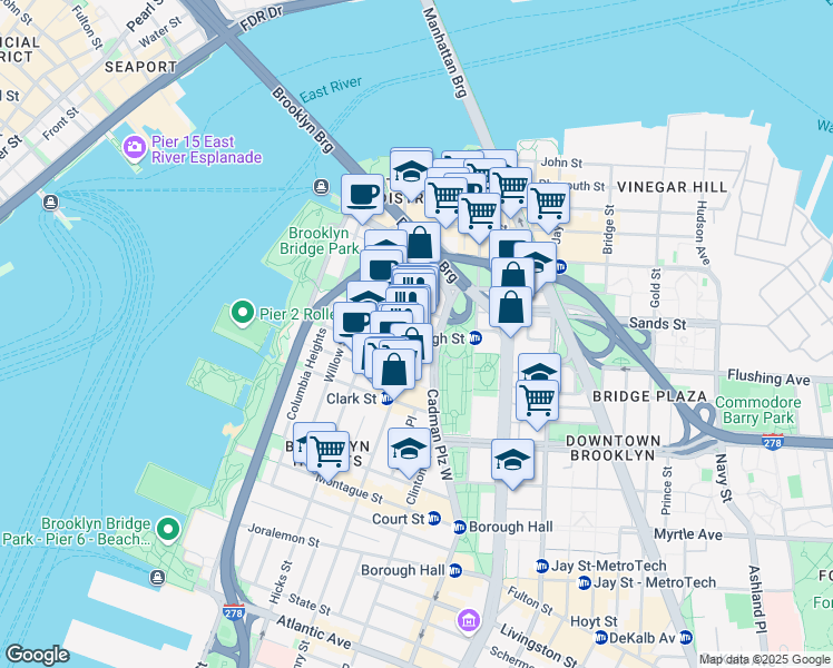 map of restaurants, bars, coffee shops, grocery stores, and more near 90 Cranberry Street in Brooklyn