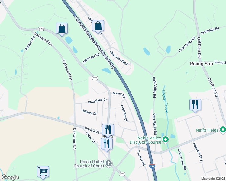 map of restaurants, bars, coffee shops, grocery stores, and more near 5811 Manor Road in Schnecksville