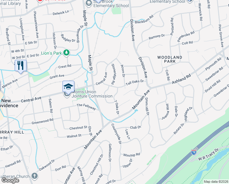 map of restaurants, bars, coffee shops, grocery stores, and more near 78 7 Oaks Drive in Summit