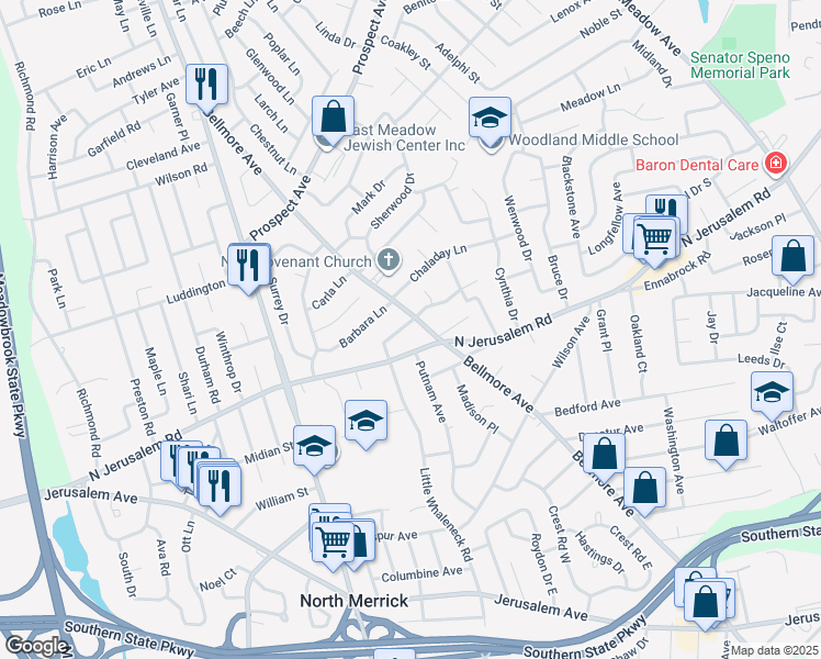 map of restaurants, bars, coffee shops, grocery stores, and more near 901 Little Whaleneck Road in East Meadow