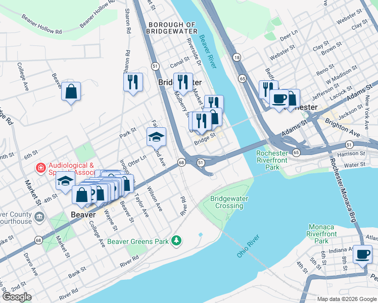 map of restaurants, bars, coffee shops, grocery stores, and more near 408 Bridge Street in Beaver