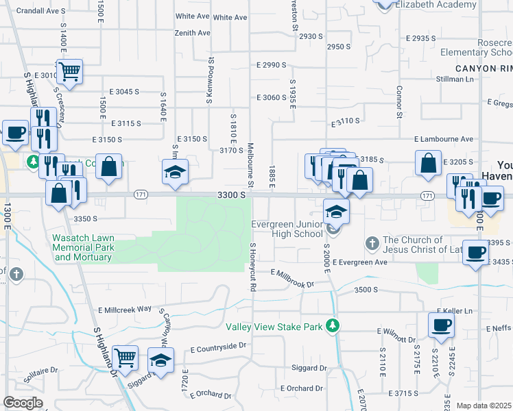 map of restaurants, bars, coffee shops, grocery stores, and more near 3321 South Honeycut Road in Millcreek