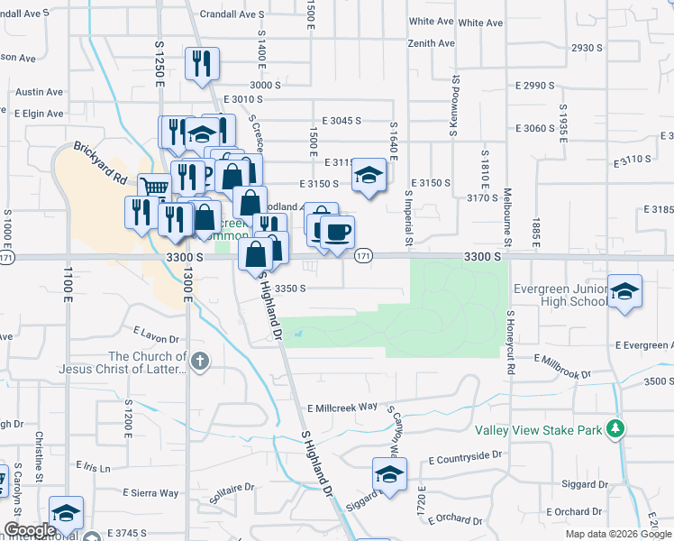 map of restaurants, bars, coffee shops, grocery stores, and more near 1550 3300 South in Salt Lake City