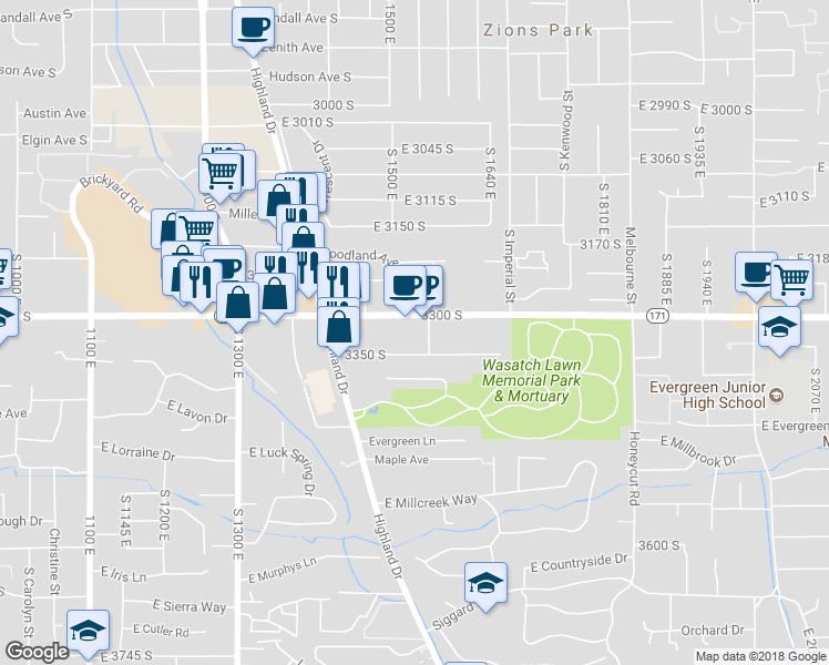 map of restaurants, bars, coffee shops, grocery stores, and more near 1550 3300 South in Salt Lake City