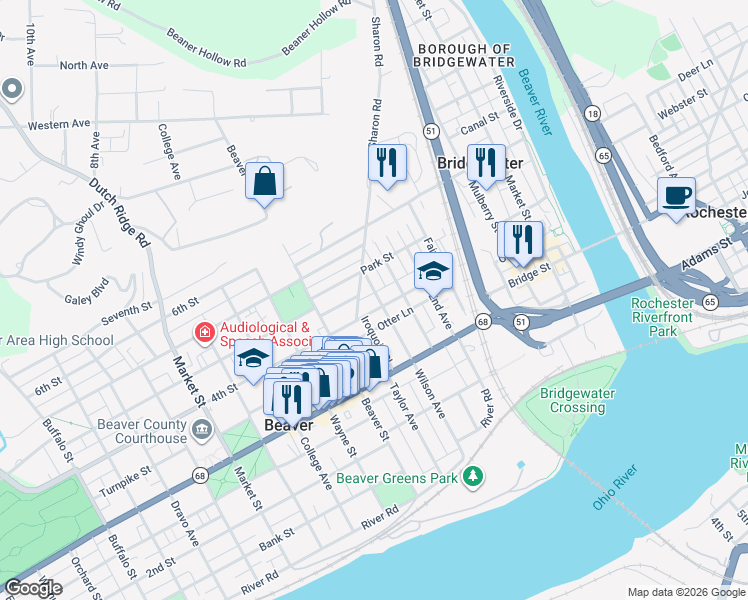 map of restaurants, bars, coffee shops, grocery stores, and more near 300 4th Street in Beaver