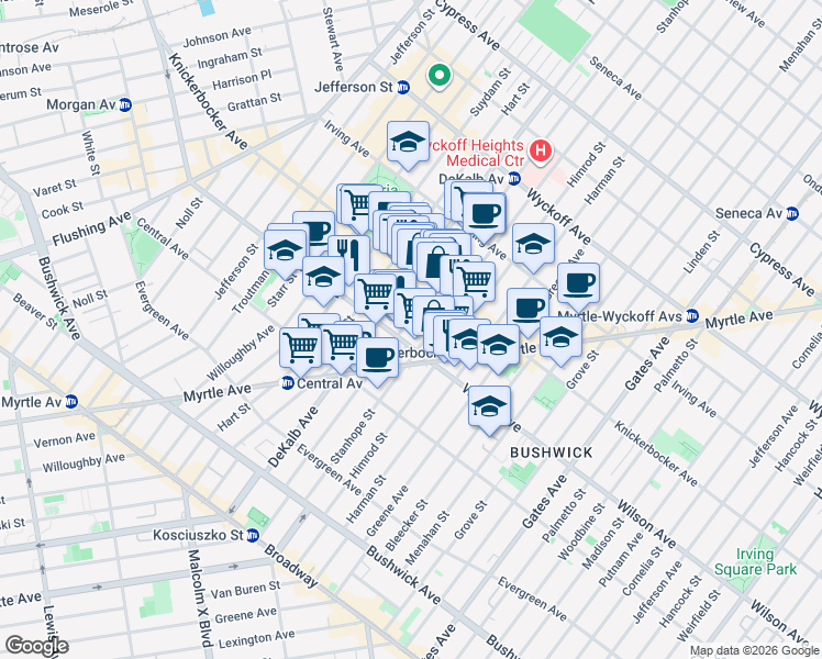 map of restaurants, bars, coffee shops, grocery stores, and more near 170 Stockholm Street in Brooklyn