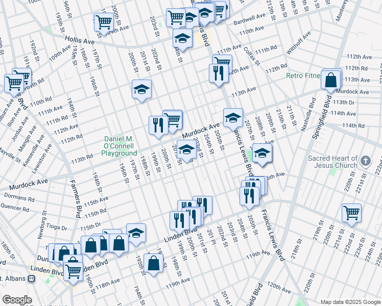 map of restaurants, bars, coffee shops, grocery stores, and more near 114-39 202nd Street in Queens