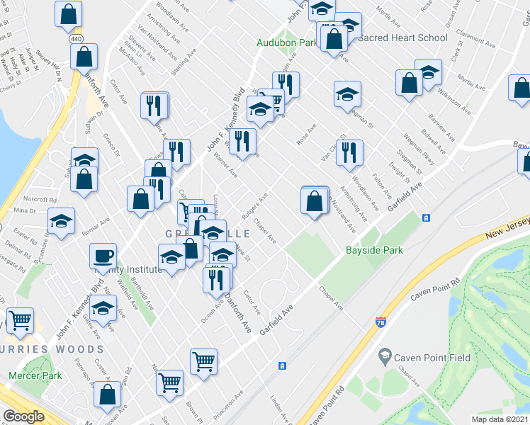 map of restaurants, bars, coffee shops, grocery stores, and more near 49 Warner Avenue in Jersey City