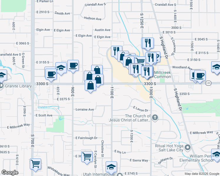 map of restaurants, bars, coffee shops, grocery stores, and more near 1108 East 3300 South in Salt Lake City
