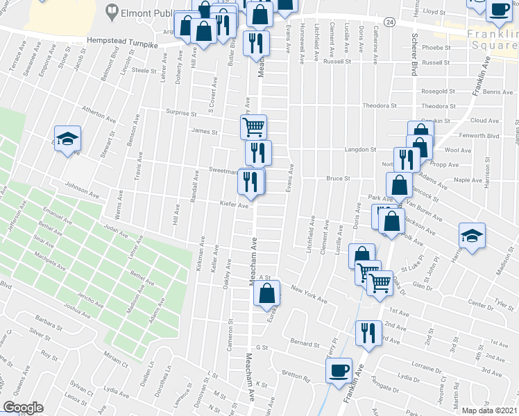 map of restaurants, bars, coffee shops, grocery stores, and more near 311 Meacham Avenue in Elmont