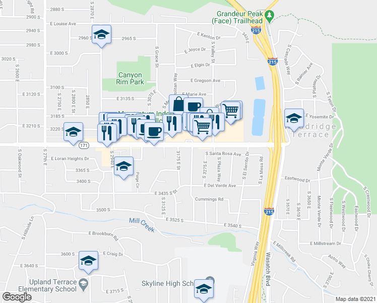 map of restaurants, bars, coffee shops, grocery stores, and more near 3314 South Terrace View Drive in Salt Lake City