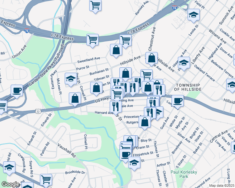 map of restaurants, bars, coffee shops, grocery stores, and more near 439 U.S. 22 in Hillside
