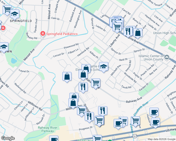 map of restaurants, bars, coffee shops, grocery stores, and more near 734 Liberty Avenue in Union