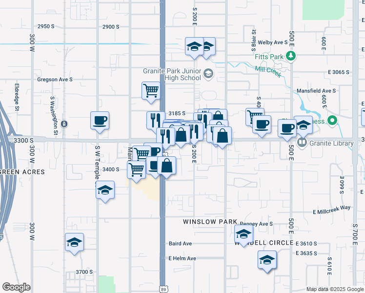 map of restaurants, bars, coffee shops, grocery stores, and more near 150 East 3300 South in South Salt Lake