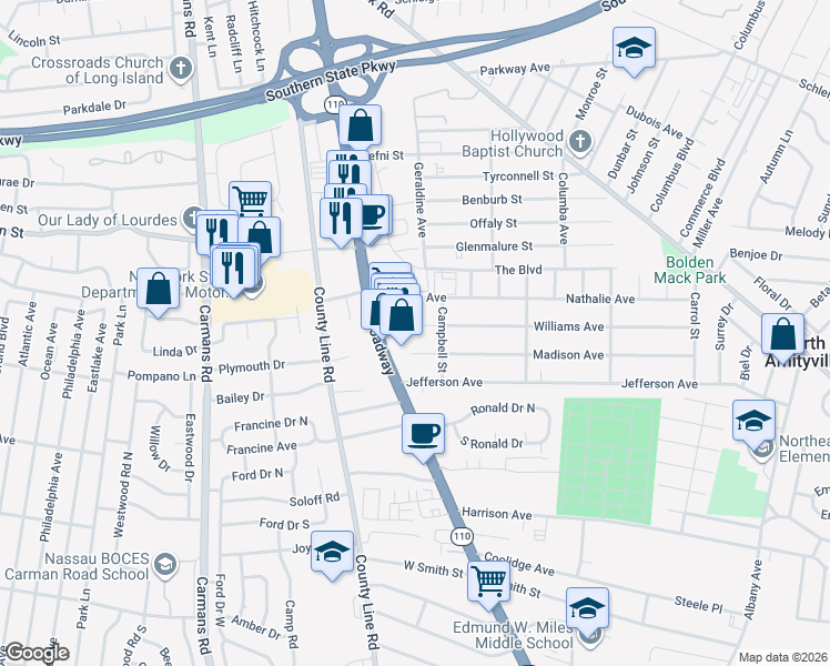 map of restaurants, bars, coffee shops, grocery stores, and more near 8 Williams Avenue in Amityville