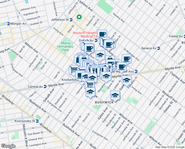 map of restaurants, bars, coffee shops, grocery stores, and more near 1333 Greene Avenue in Brooklyn